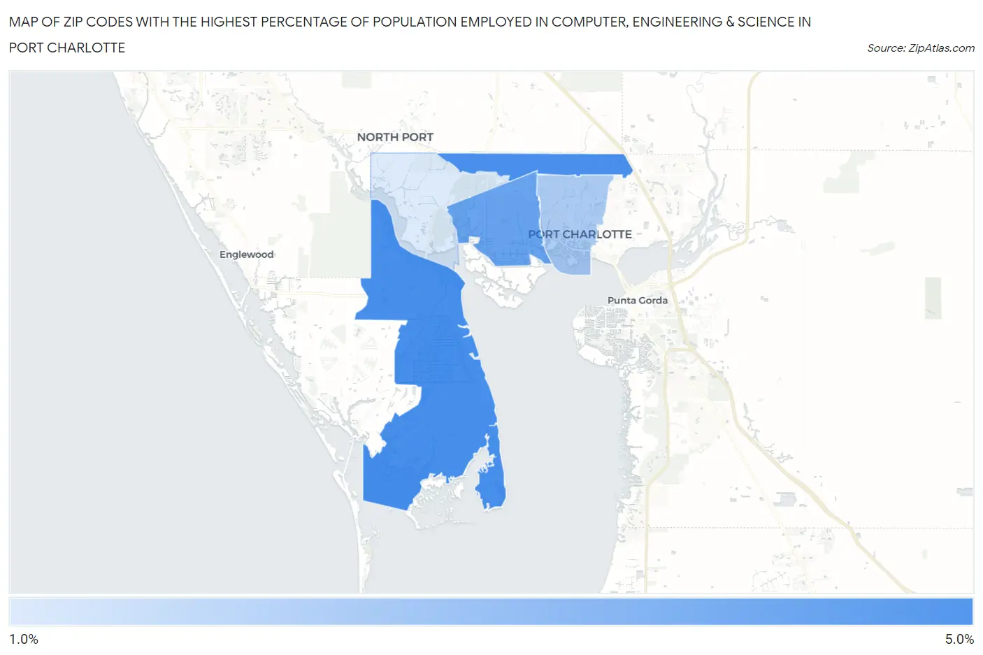 Zip Codes with the Highest Percentage of Population Employed in Computer, Engineering & Science in Port Charlotte Map