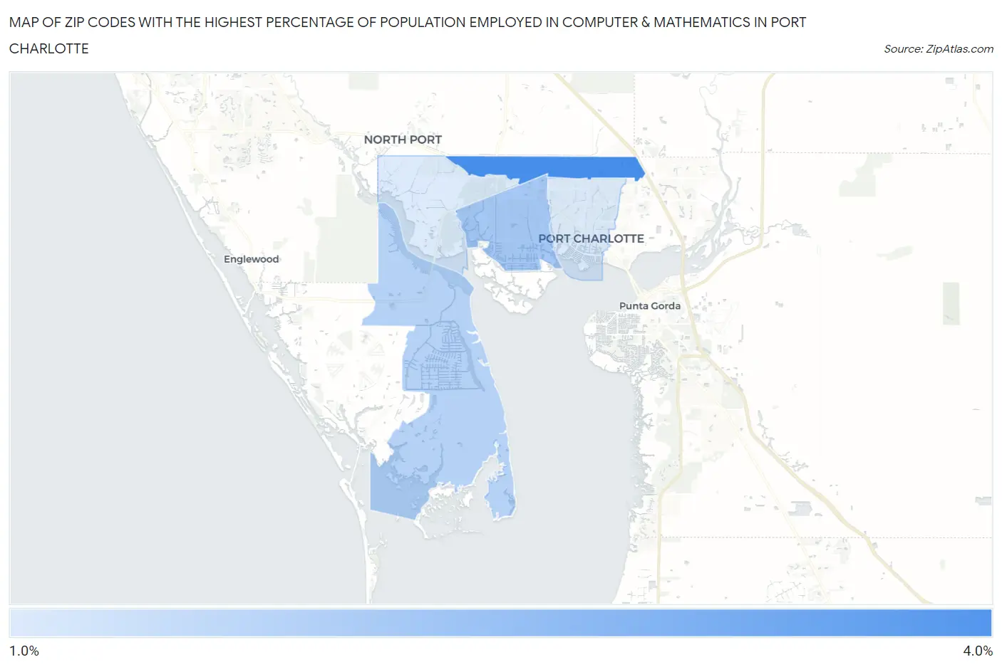 Zip Codes with the Highest Percentage of Population Employed in Computer & Mathematics in Port Charlotte Map