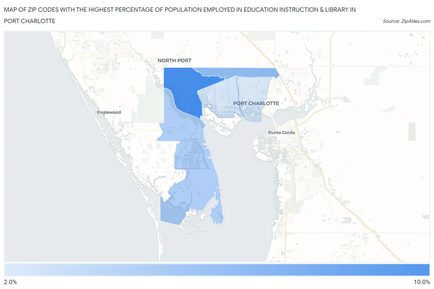 Zip Codes with the Highest Percentage of Population Employed in Education Instruction & Library in Port Charlotte Map