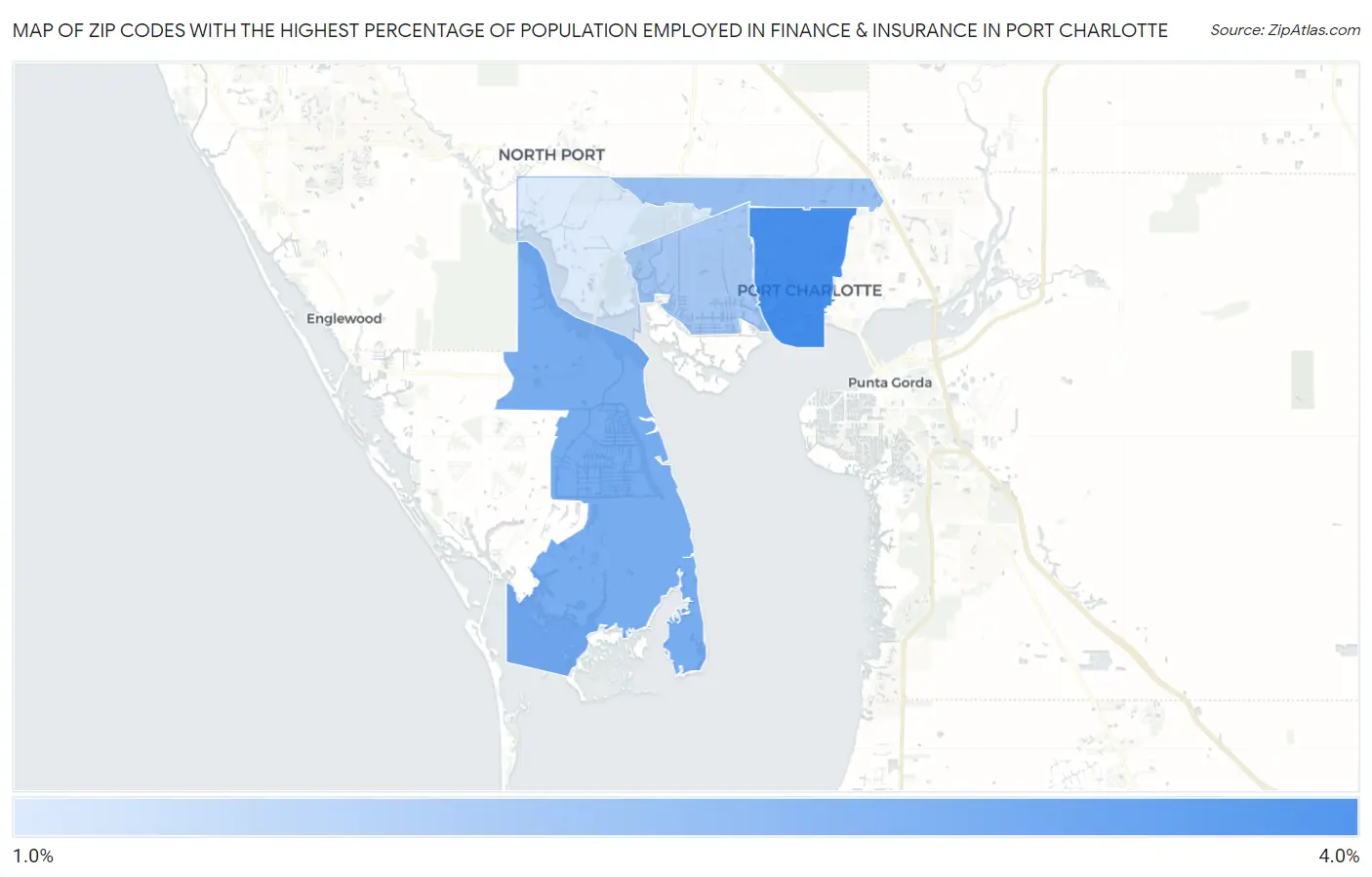 Zip Codes with the Highest Percentage of Population Employed in Finance & Insurance in Port Charlotte Map