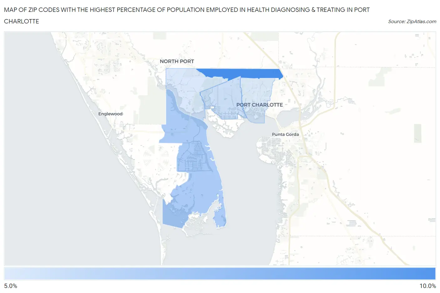 Zip Codes with the Highest Percentage of Population Employed in Health Diagnosing & Treating in Port Charlotte Map