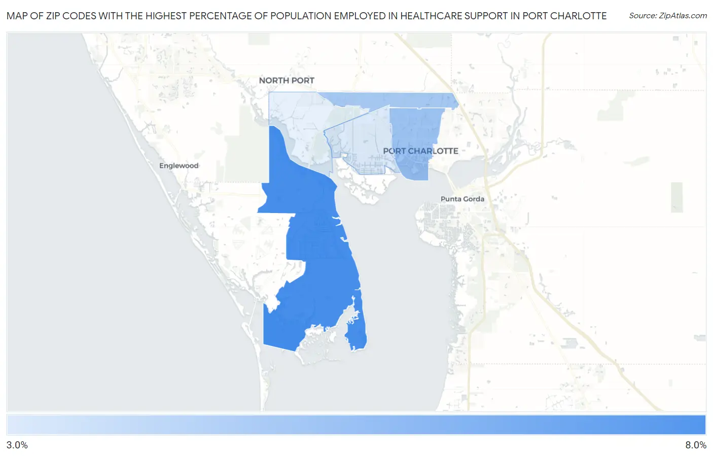 Zip Codes with the Highest Percentage of Population Employed in Healthcare Support in Port Charlotte Map