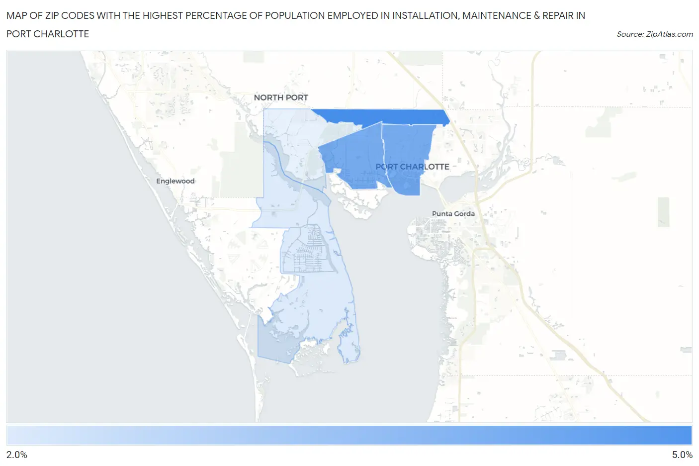 Zip Codes with the Highest Percentage of Population Employed in Installation, Maintenance & Repair in Port Charlotte Map