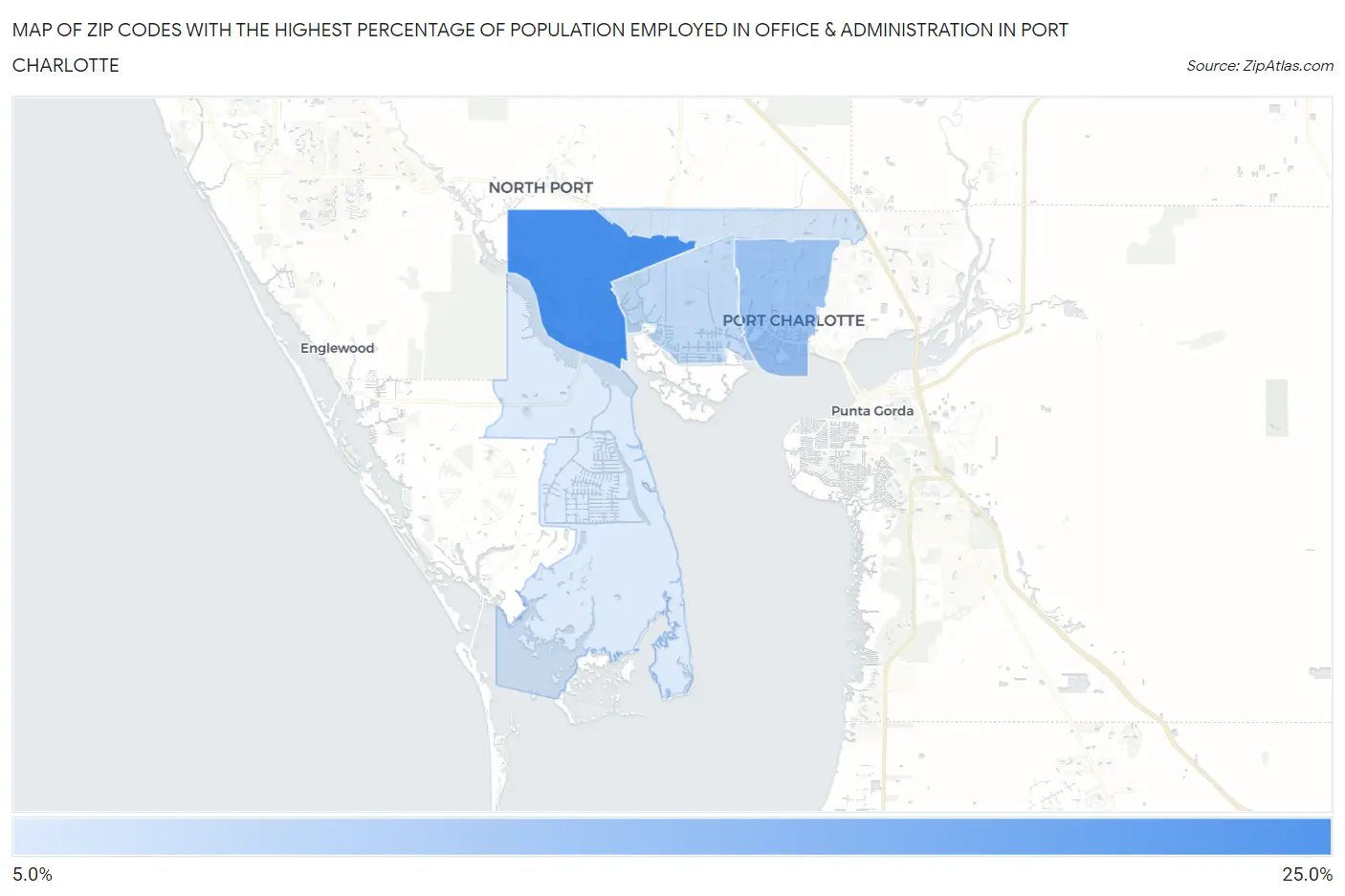 Zip Codes with the Highest Percentage of Population Employed in Office & Administration in Port Charlotte Map