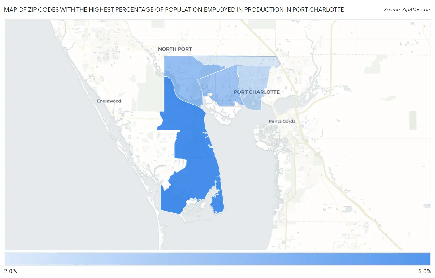 Zip Codes with the Highest Percentage of Population Employed in Production in Port Charlotte Map