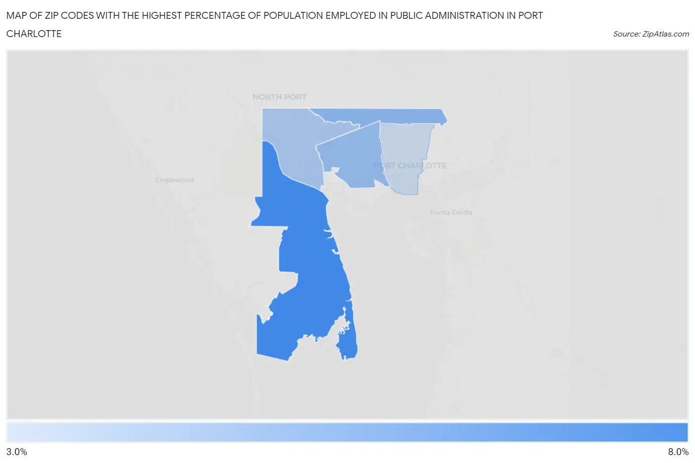 Zip Codes with the Highest Percentage of Population Employed in Public Administration in Port Charlotte Map