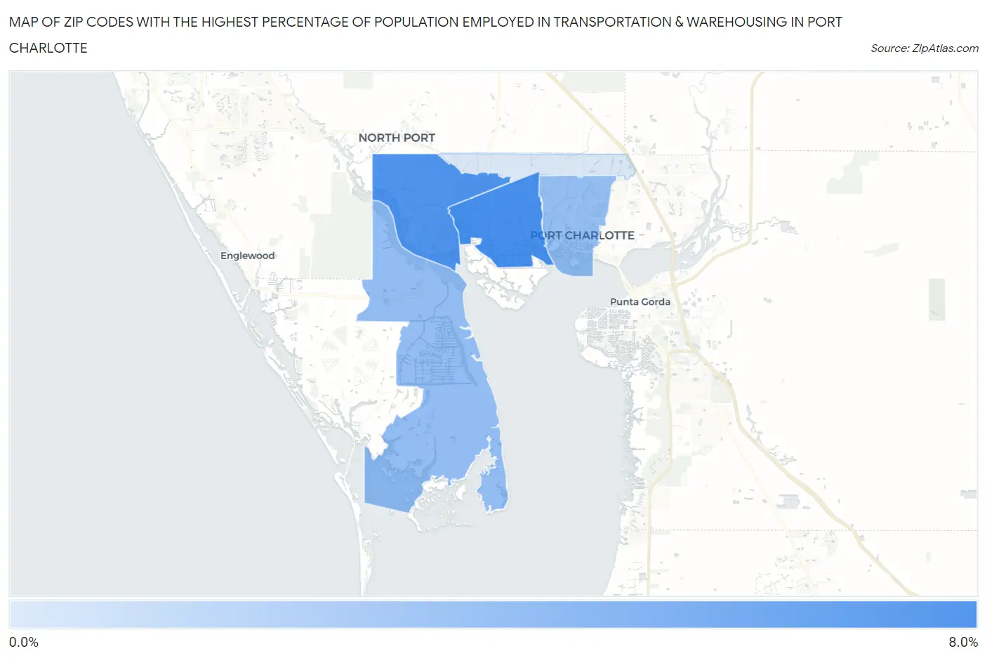 Zip Codes with the Highest Percentage of Population Employed in Transportation & Warehousing in Port Charlotte Map