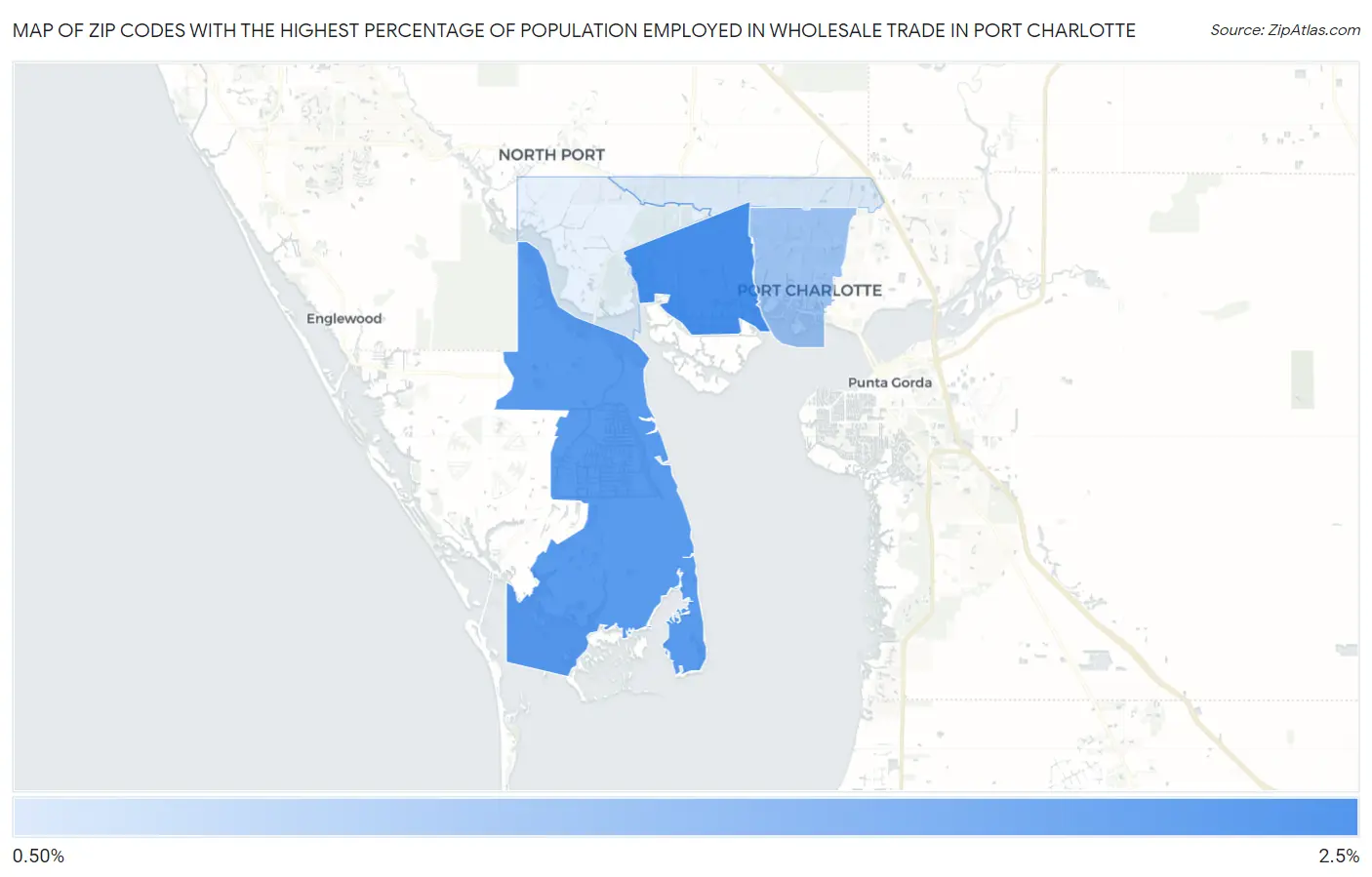 Zip Codes with the Highest Percentage of Population Employed in Wholesale Trade in Port Charlotte Map