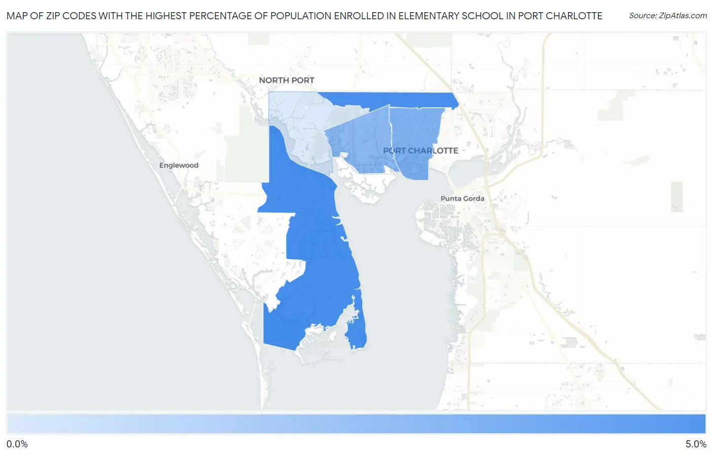 Zip Codes with the Highest Percentage of Population Enrolled in Elementary School in Port Charlotte Map