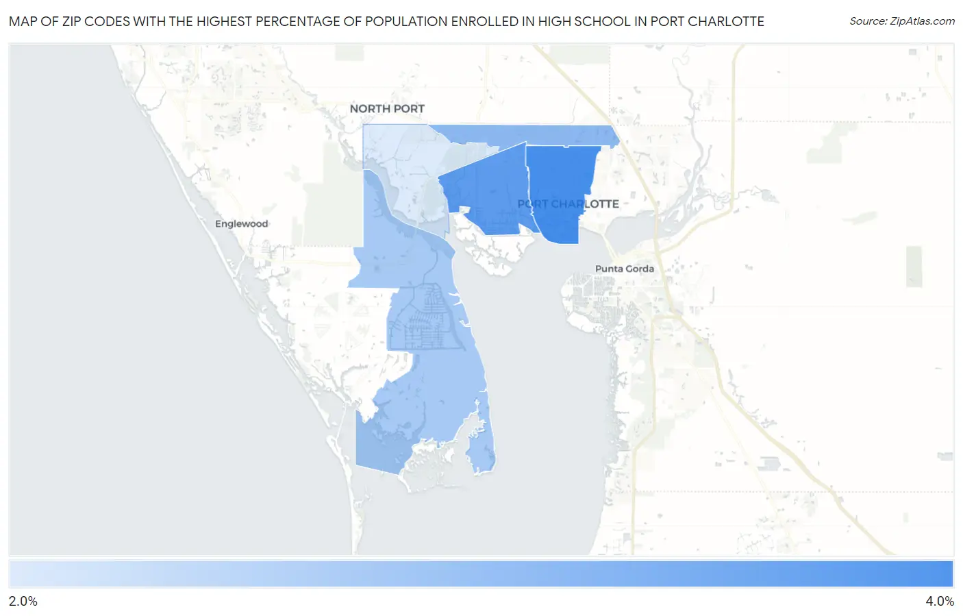 Zip Codes with the Highest Percentage of Population Enrolled in High School in Port Charlotte Map