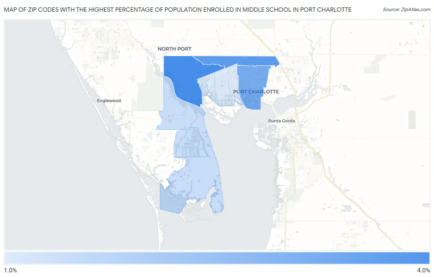 Zip Codes with the Highest Percentage of Population Enrolled in Middle School in Port Charlotte Map