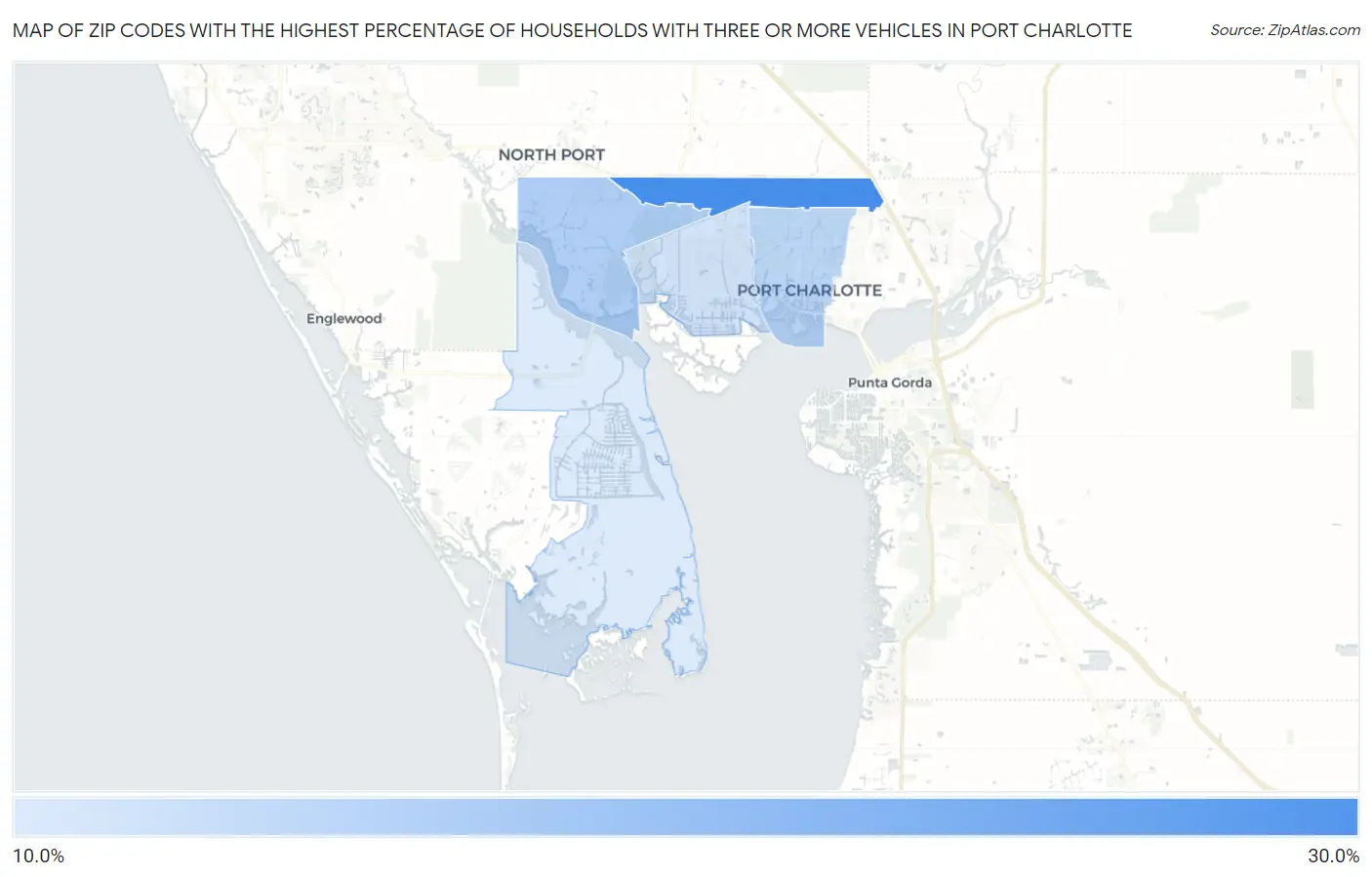 Zip Codes with the Highest Percentage of Households With Three or more Vehicles in Port Charlotte Map