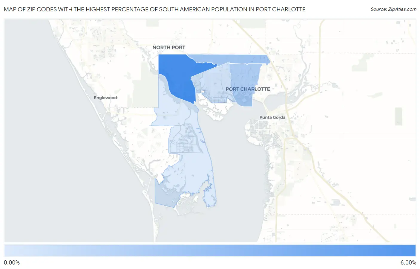 Zip Codes with the Highest Percentage of South American Population in Port Charlotte Map