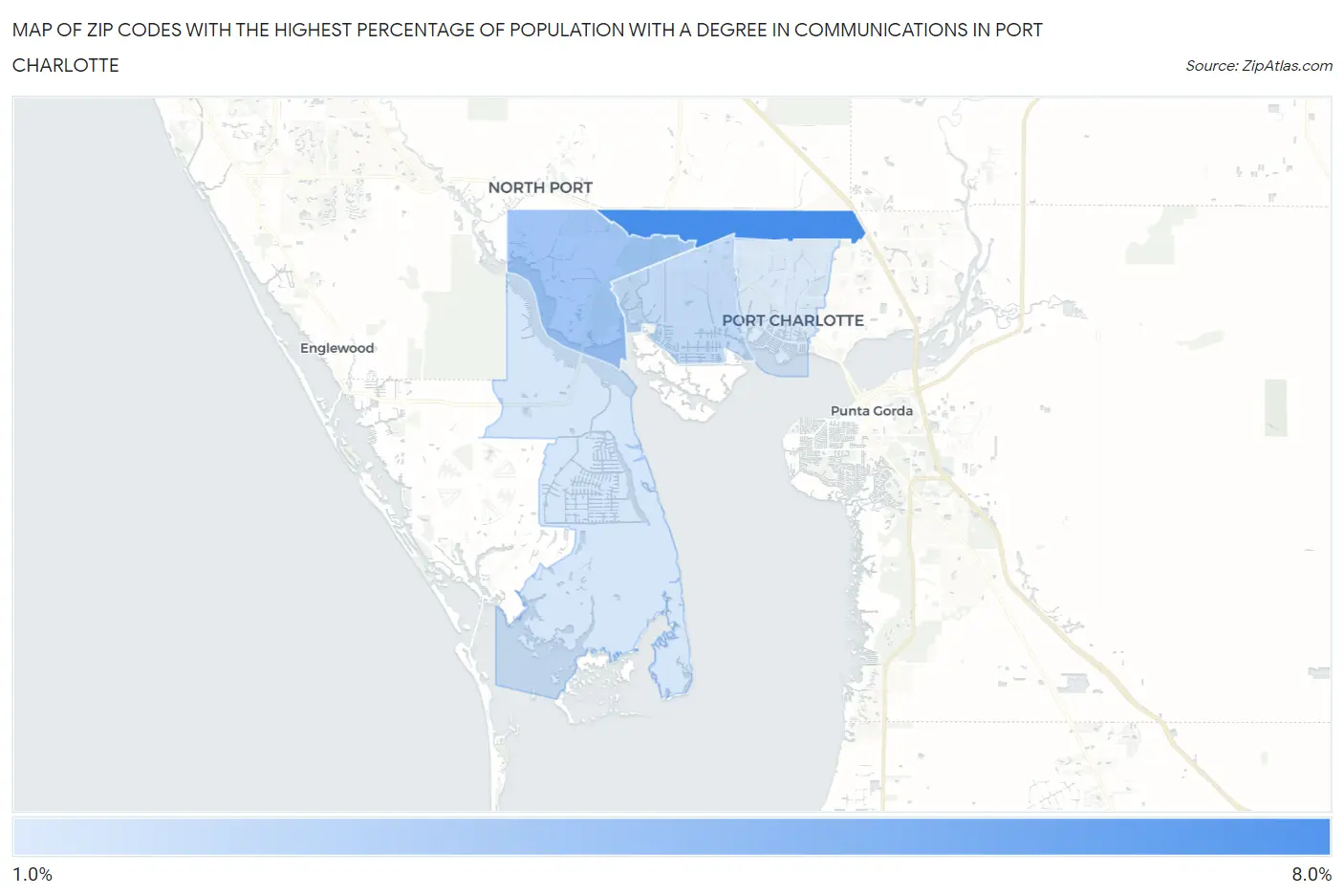 Zip Codes with the Highest Percentage of Population with a Degree in Communications in Port Charlotte Map