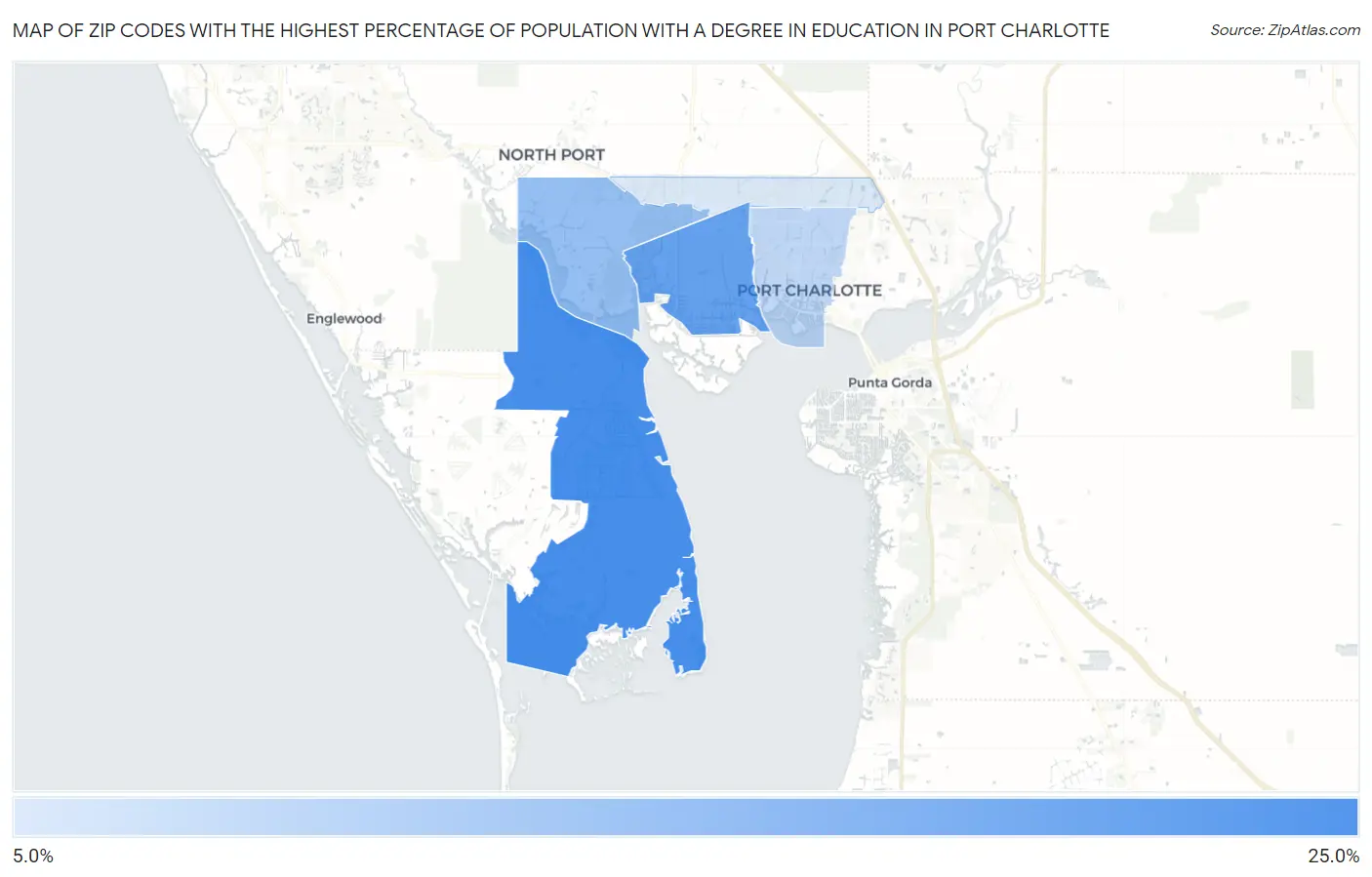 Zip Codes with the Highest Percentage of Population with a Degree in Education in Port Charlotte Map