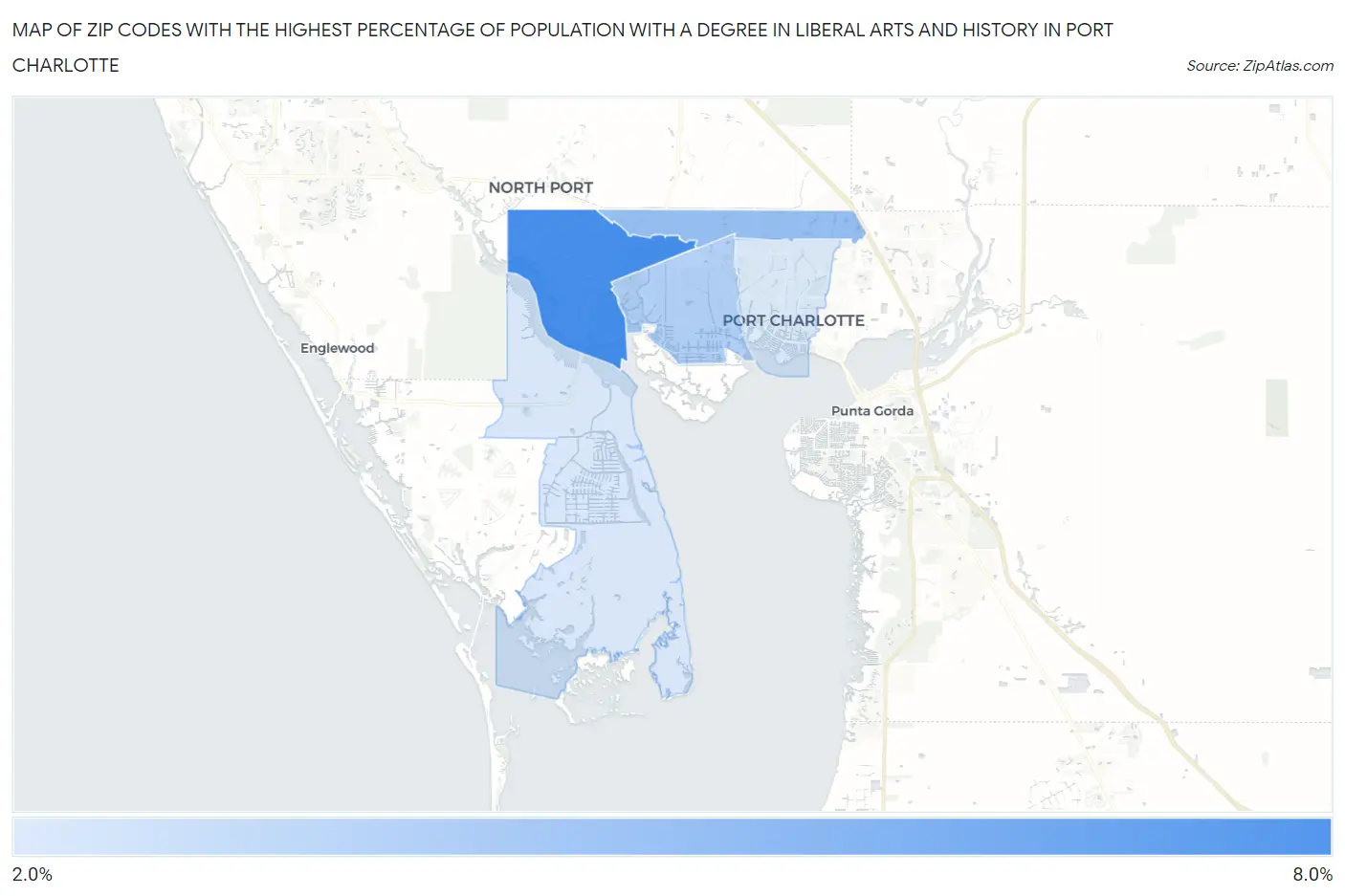 Zip Codes with the Highest Percentage of Population with a Degree in Liberal Arts and History in Port Charlotte Map