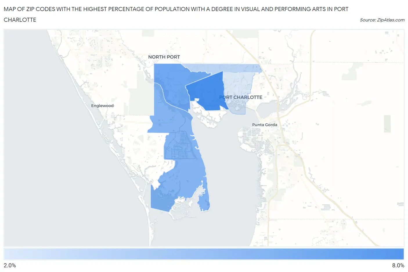 Zip Codes with the Highest Percentage of Population with a Degree in Visual and Performing Arts in Port Charlotte Map