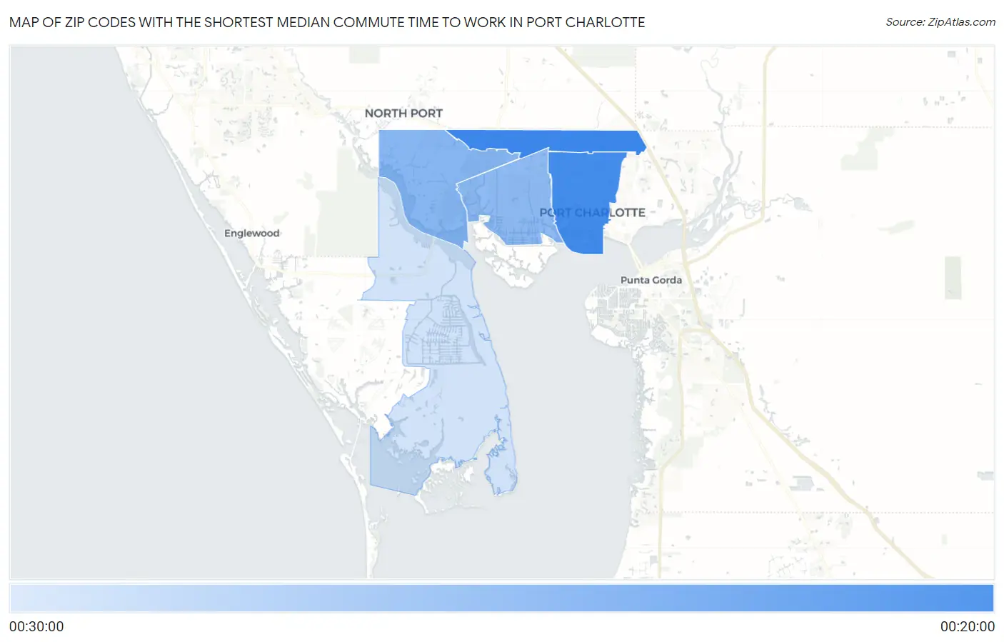 Zip Codes with the Shortest Median Commute Time to Work in Port Charlotte Map
