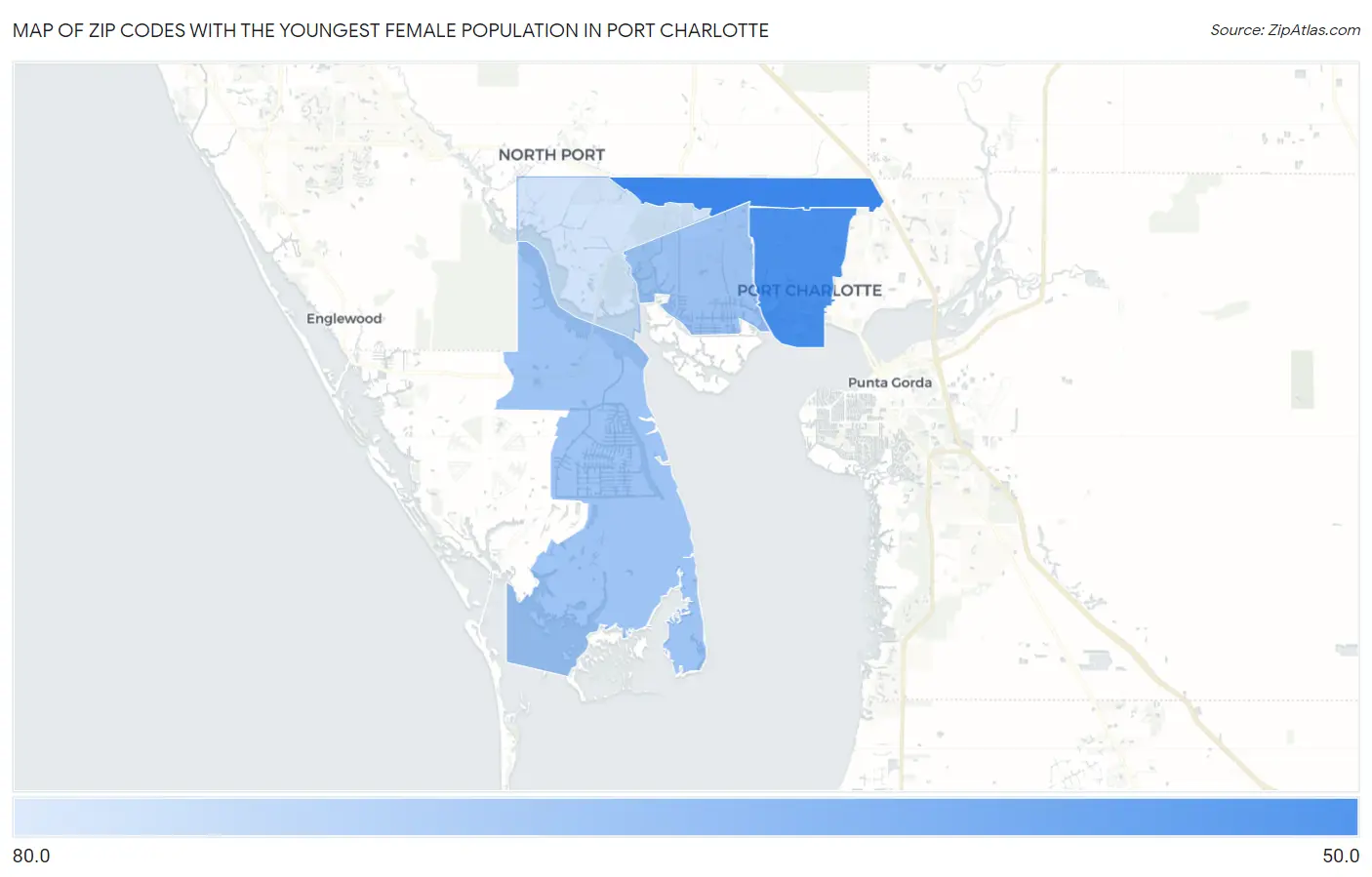 Zip Codes with the Youngest Female Population in Port Charlotte Map