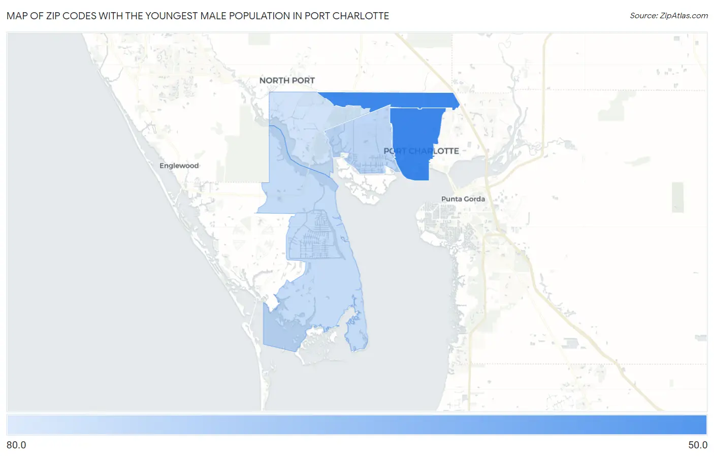 Zip Codes with the Youngest Male Population in Port Charlotte Map