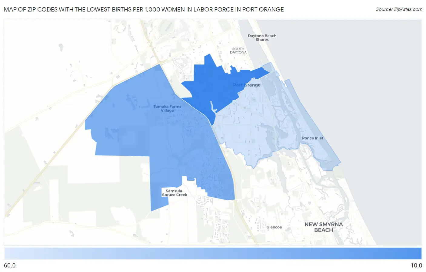 Zip Codes with the Lowest Births per 1,000 Women in Labor Force in Port Orange Map
