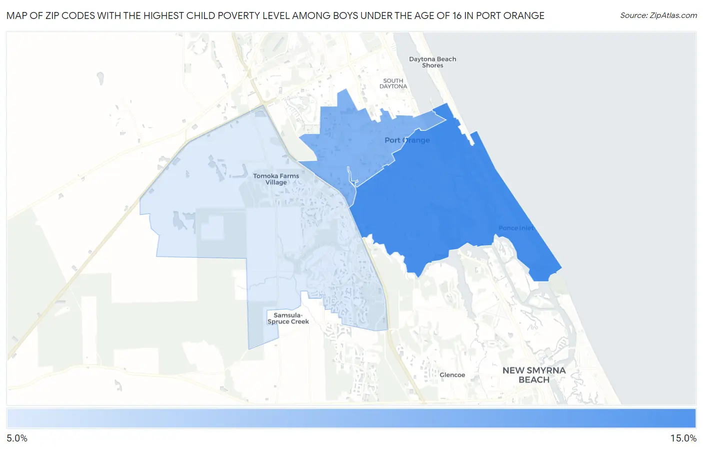 Zip Codes with the Highest Child Poverty Level Among Boys Under the Age of 16 in Port Orange Map