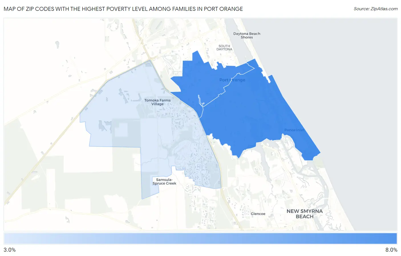 Zip Codes with the Highest Poverty Level Among Families in Port Orange Map