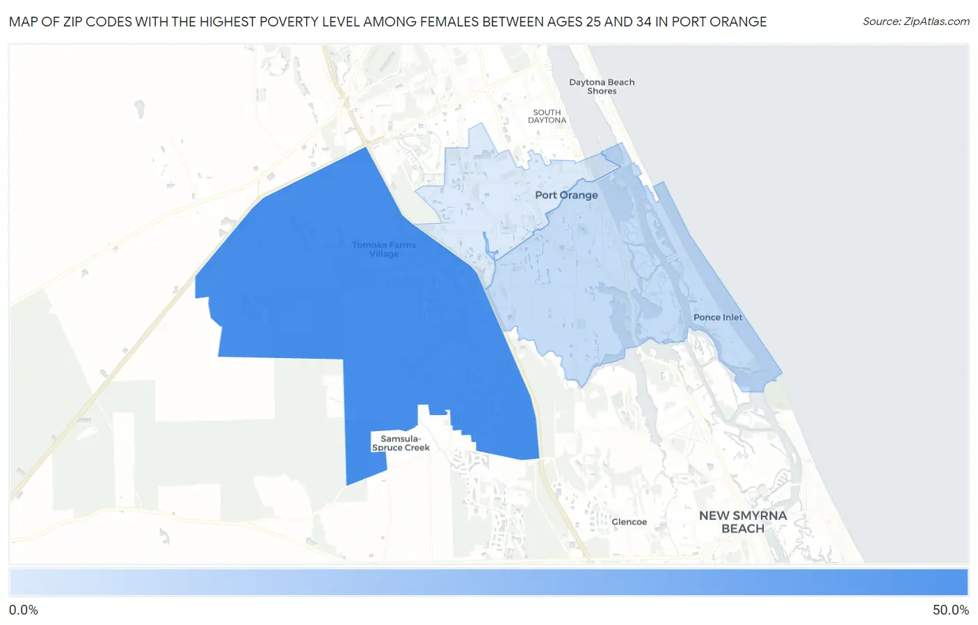 Zip Codes with the Highest Poverty Level Among Females Between Ages 25 and 34 in Port Orange Map
