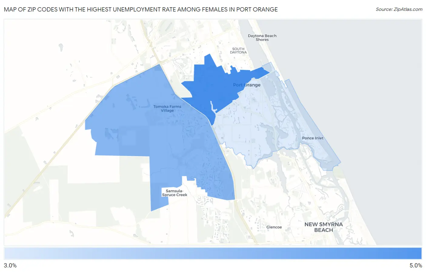 Zip Codes with the Highest Unemployment Rate Among Females in Port Orange Map