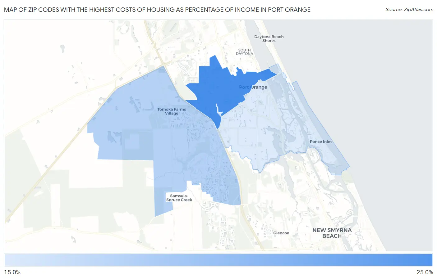Zip Codes with the Highest Costs of Housing as Percentage of Income in Port Orange Map
