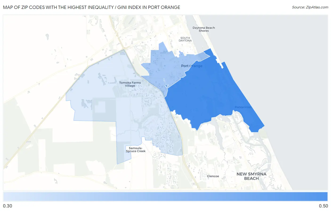 Zip Codes with the Highest Inequality / Gini Index in Port Orange Map