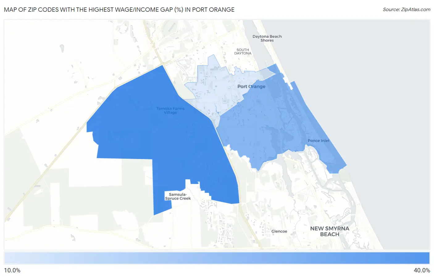 Zip Codes with the Highest Wage/Income Gap (%) in Port Orange Map