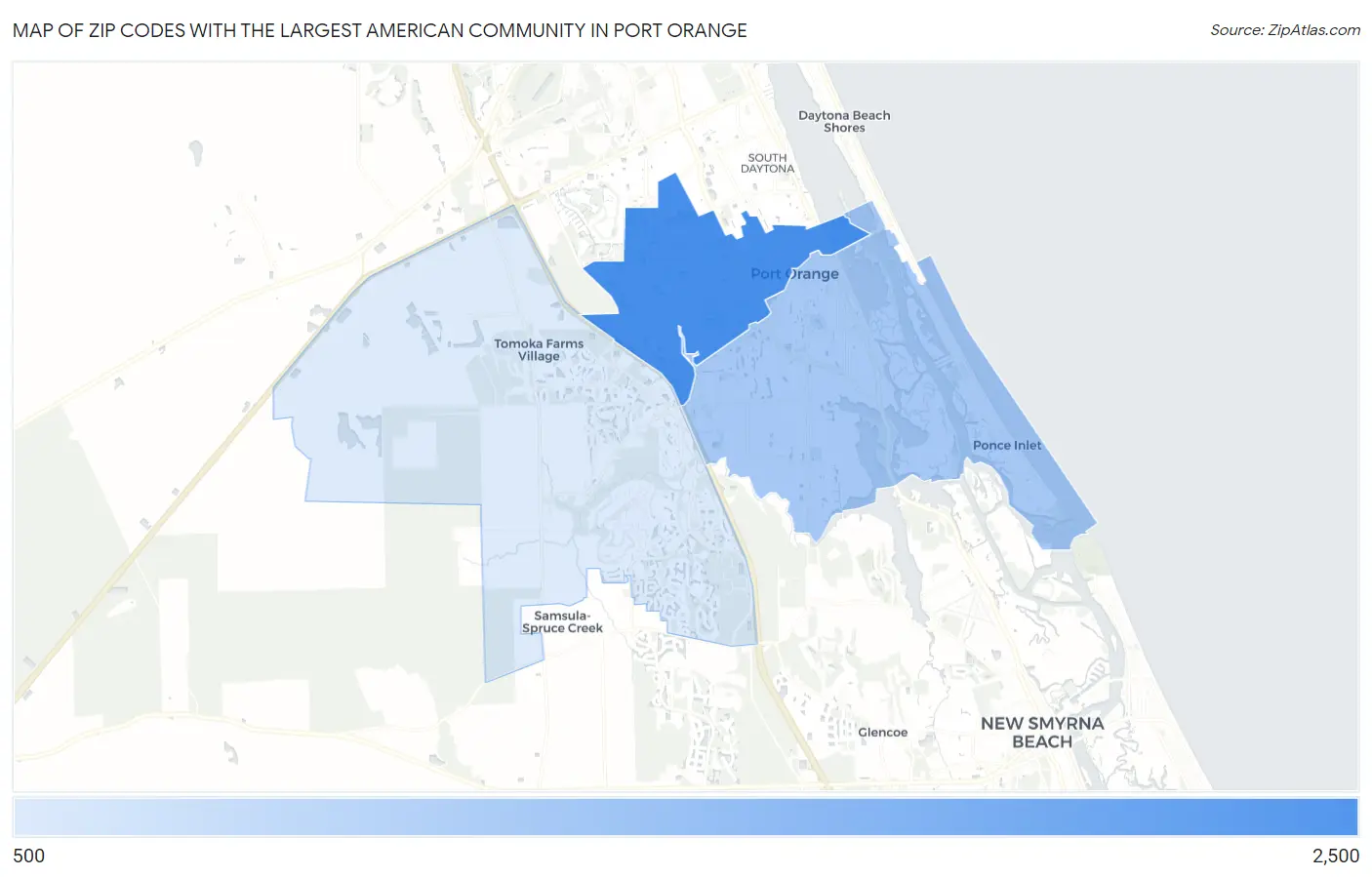 Zip Codes with the Largest American Community in Port Orange Map