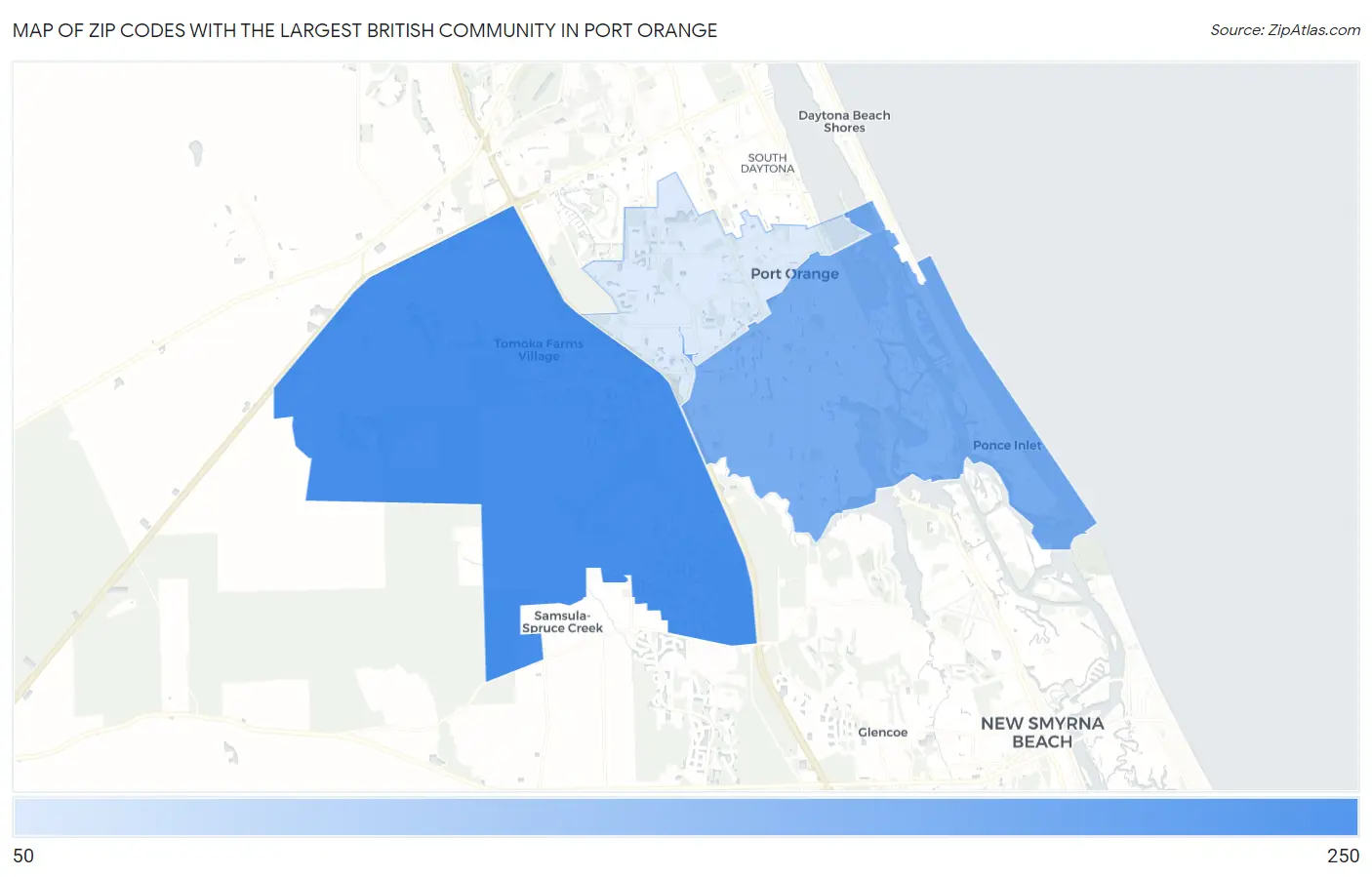 Zip Codes with the Largest British Community in Port Orange Map