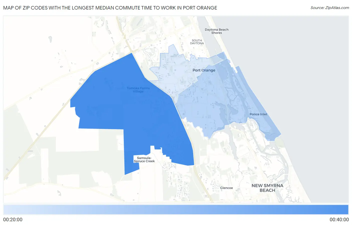 Zip Codes with the Longest Median Commute Time to Work in Port Orange Map