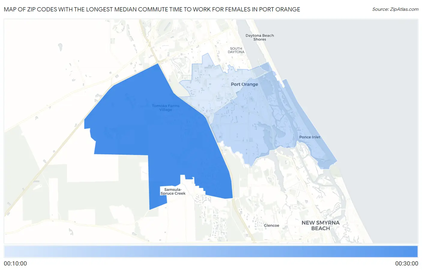 Zip Codes with the Longest Median Commute Time to Work for Females in Port Orange Map