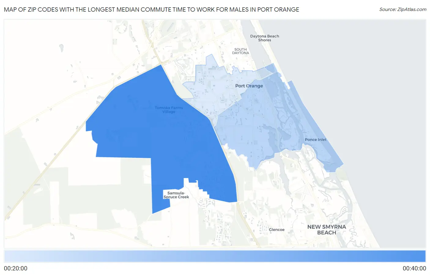 Zip Codes with the Longest Median Commute Time to Work for Males in Port Orange Map