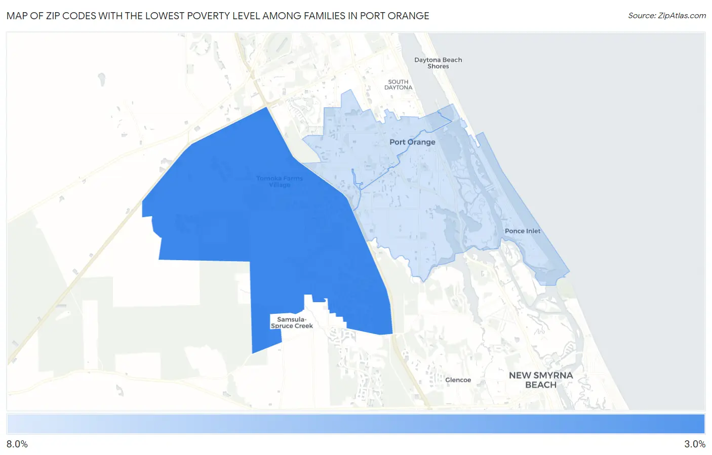 Zip Codes with the Lowest Poverty Level Among Families in Port Orange Map