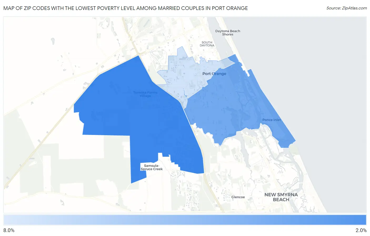 Zip Codes with the Lowest Poverty Level Among Married Couples in Port Orange Map
