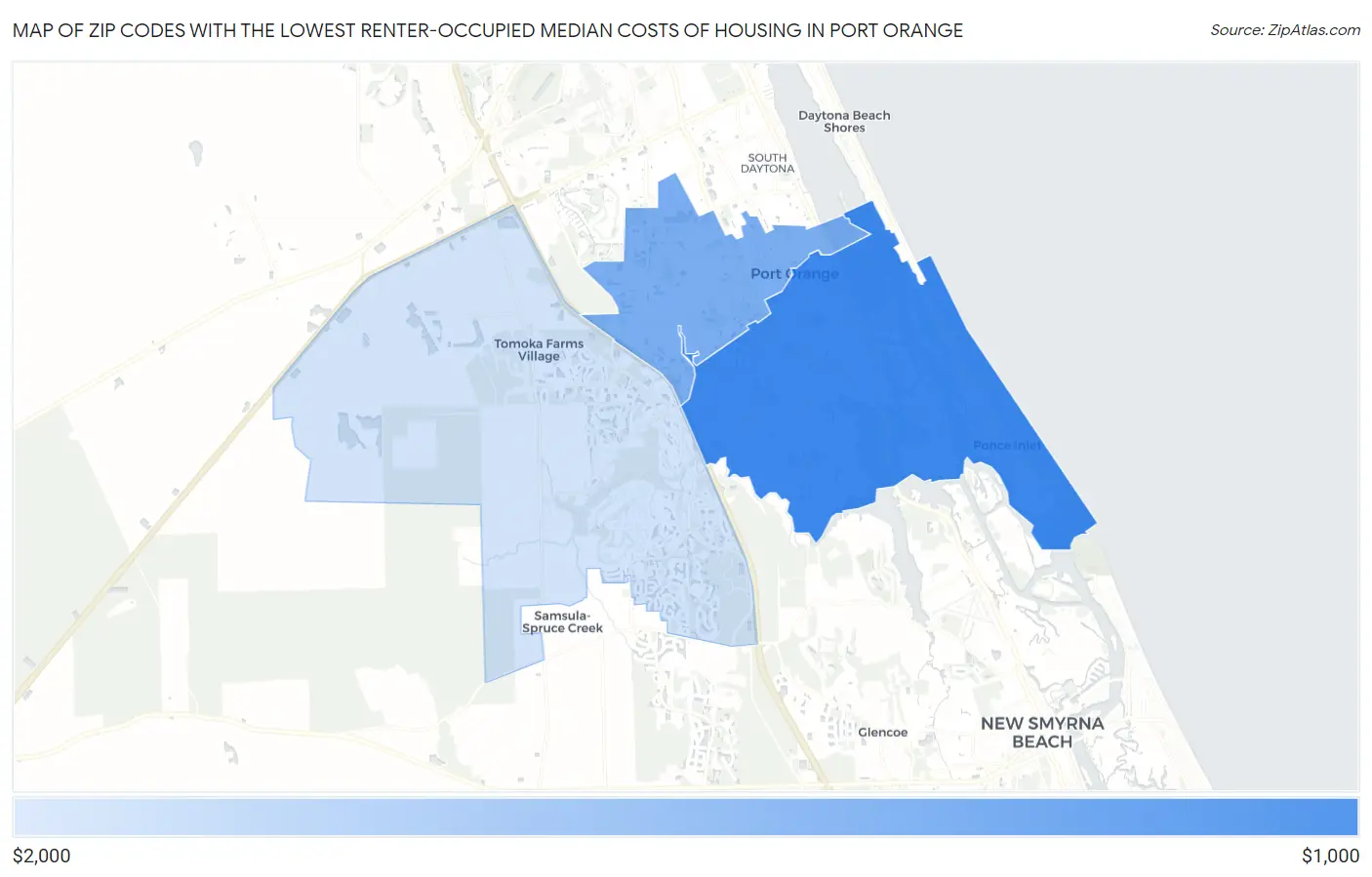 Zip Codes with the Lowest Renter-Occupied Median Costs of Housing in Port Orange Map