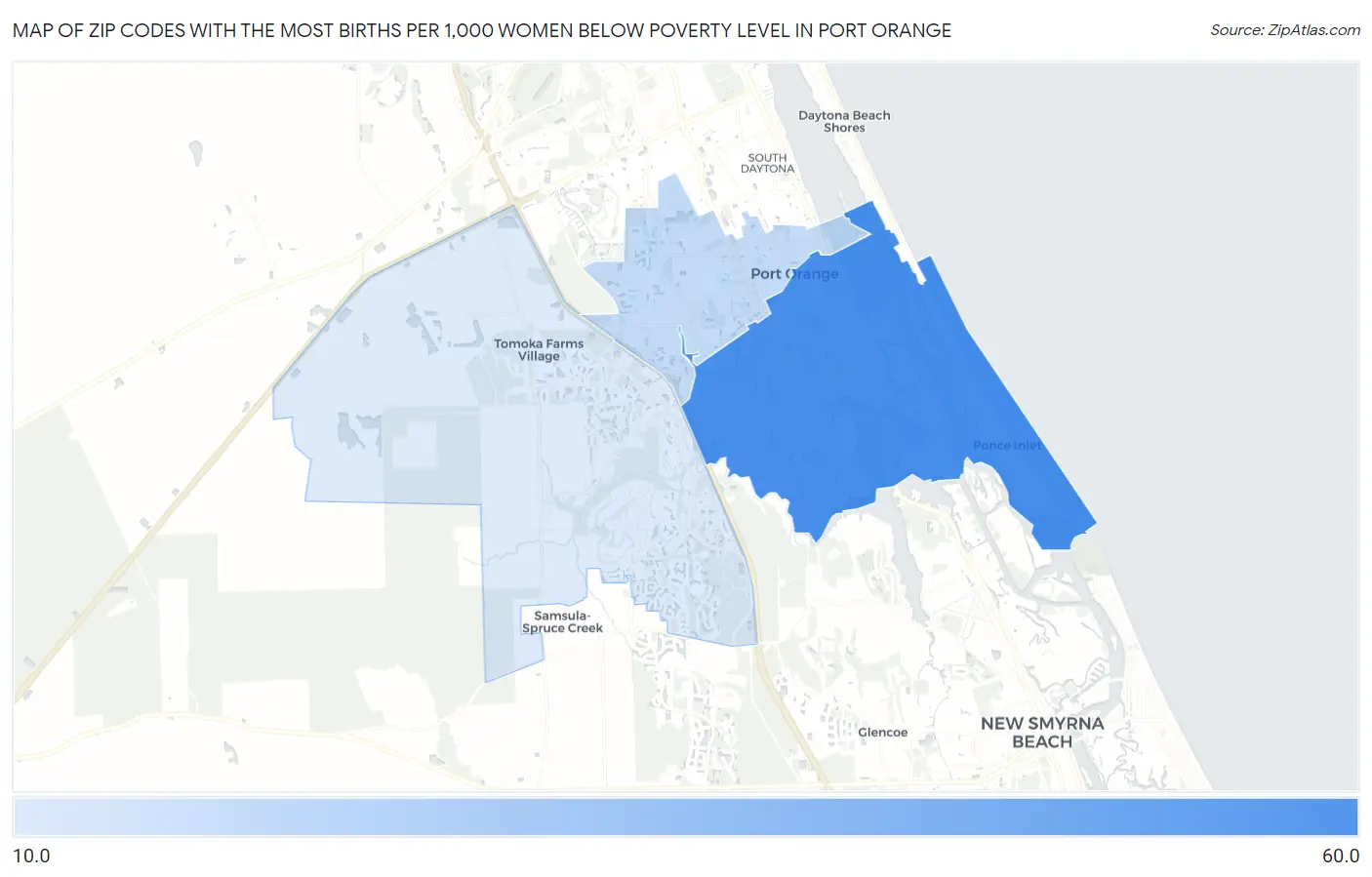 Zip Codes with the Most Births per 1,000 Women Below Poverty Level in Port Orange Map