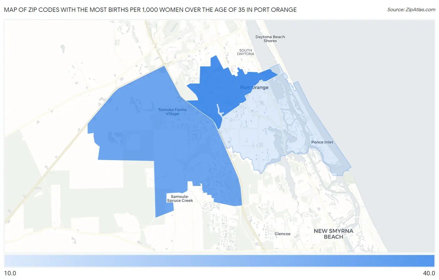 Zip Codes with the Most Births per 1,000 Women Over the Age of 35 in Port Orange Map