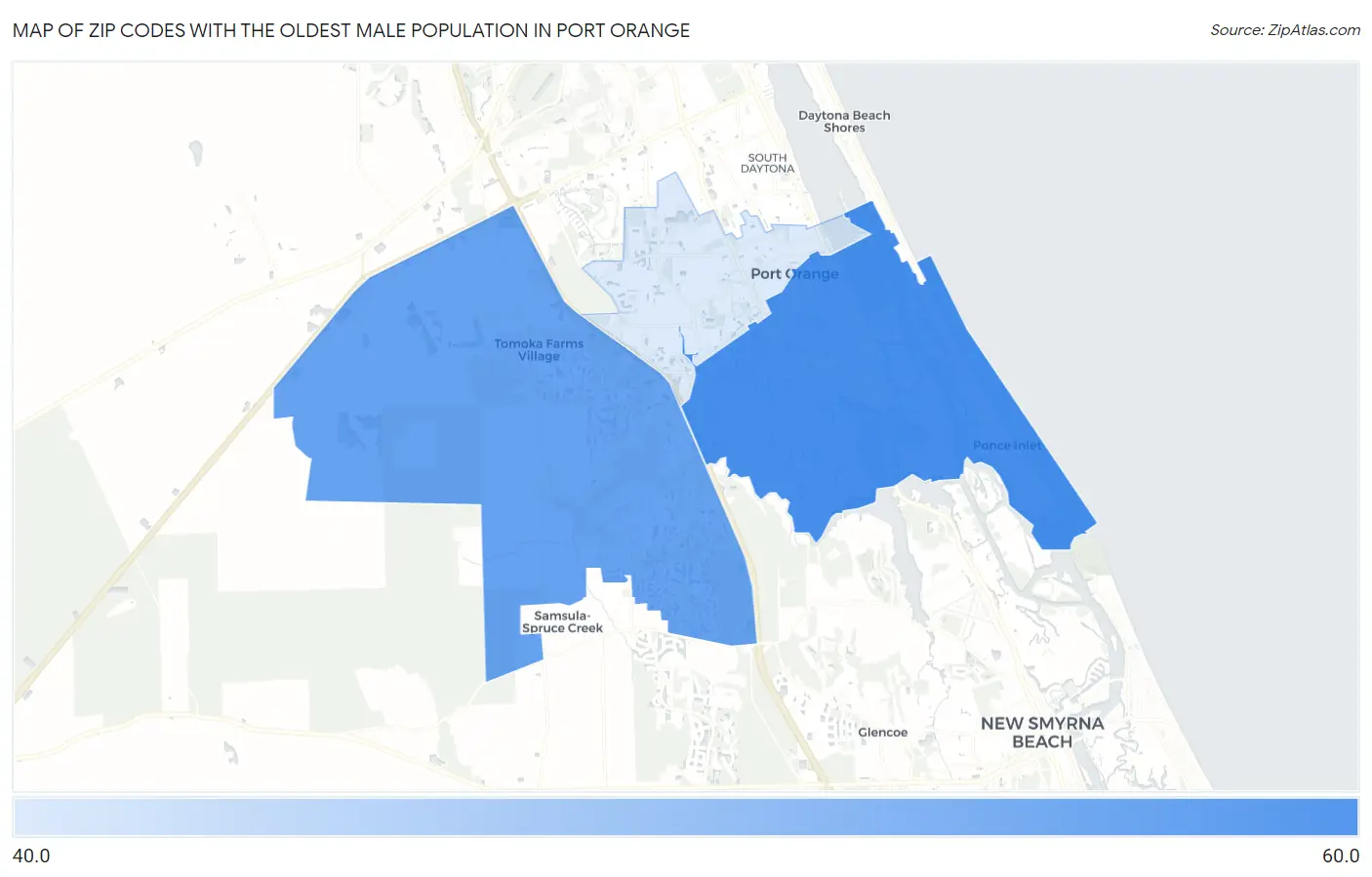 Zip Codes with the Oldest Male Population in Port Orange Map