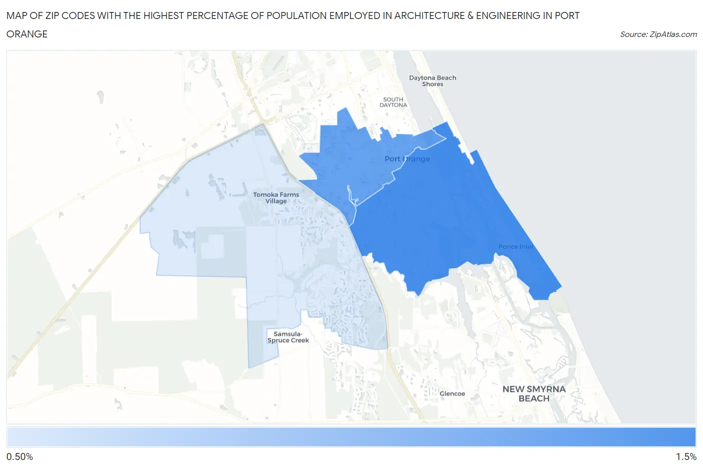 Zip Codes with the Highest Percentage of Population Employed in Architecture & Engineering in Port Orange Map