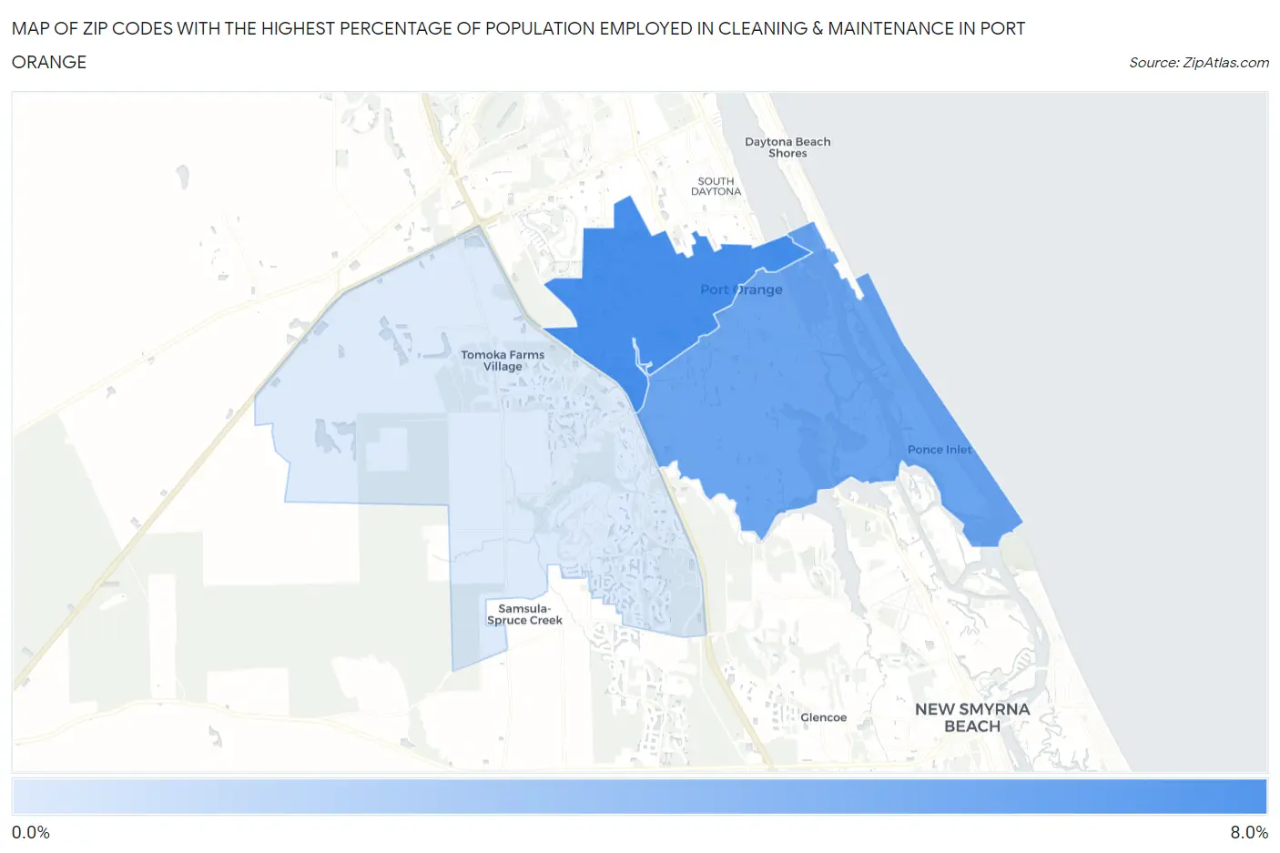 Zip Codes with the Highest Percentage of Population Employed in Cleaning & Maintenance in Port Orange Map