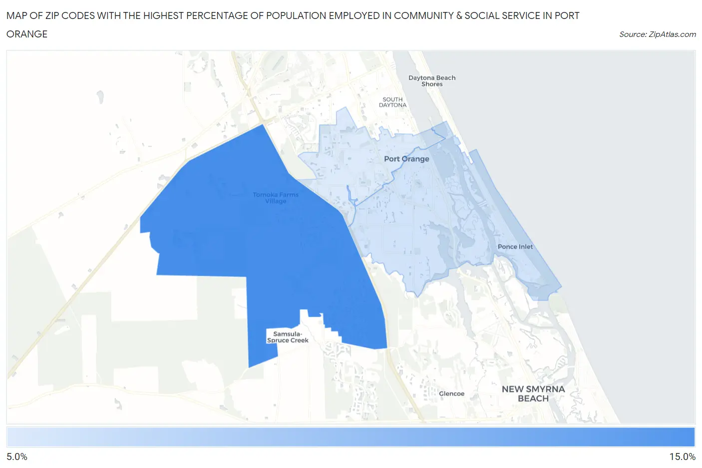 Zip Codes with the Highest Percentage of Population Employed in Community & Social Service  in Port Orange Map