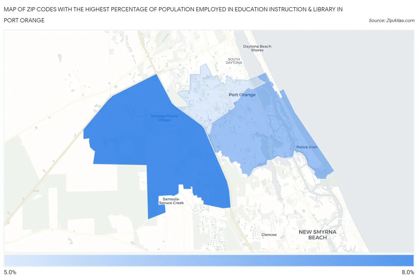 Zip Codes with the Highest Percentage of Population Employed in Education Instruction & Library in Port Orange Map