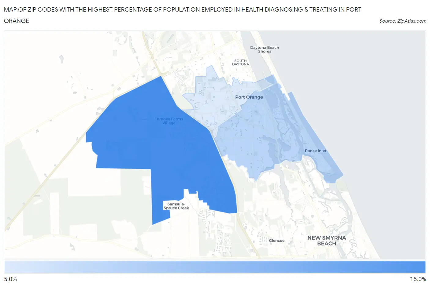 Zip Codes with the Highest Percentage of Population Employed in Health Diagnosing & Treating in Port Orange Map