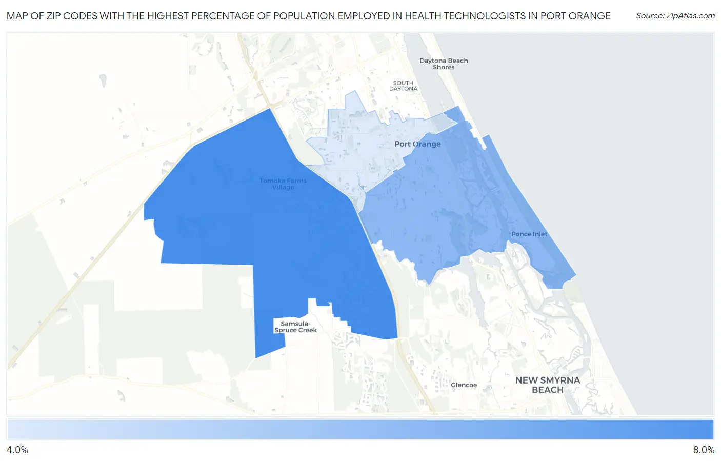 Zip Codes with the Highest Percentage of Population Employed in Health Technologists in Port Orange Map