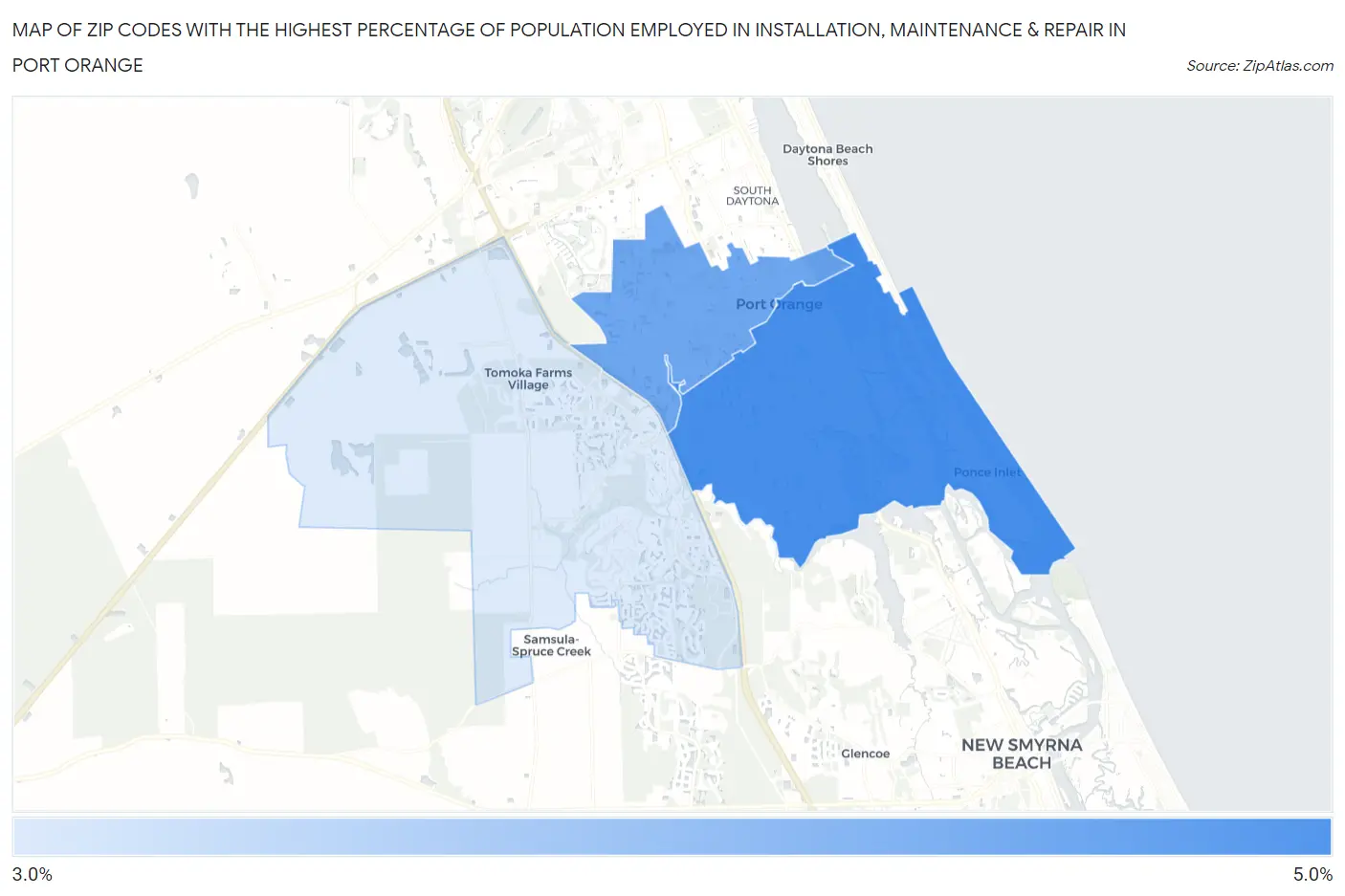 Zip Codes with the Highest Percentage of Population Employed in Installation, Maintenance & Repair in Port Orange Map